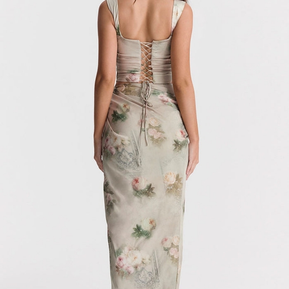 VINTAGE PRINTED DRAPED CORSET TOP SPLIT TWO PIECE MAXI DRESS - FLORAL - Picture 5 of 6